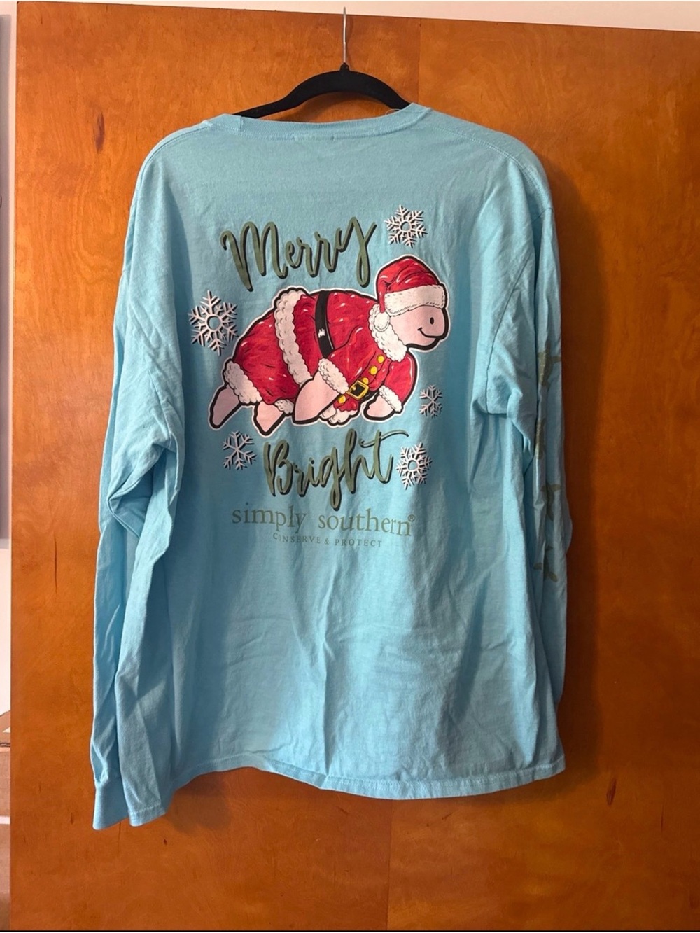 Simply Southern Light Blue Long-Sleeve 'Merry & Bright' Santa Tee